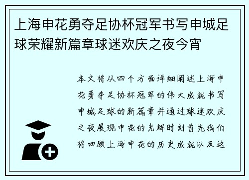 上海申花勇夺足协杯冠军书写申城足球荣耀新篇章球迷欢庆之夜今宵 上海申花勇夺足协杯冠军书写申城足球荣耀新篇章球迷欢庆之夜今宵